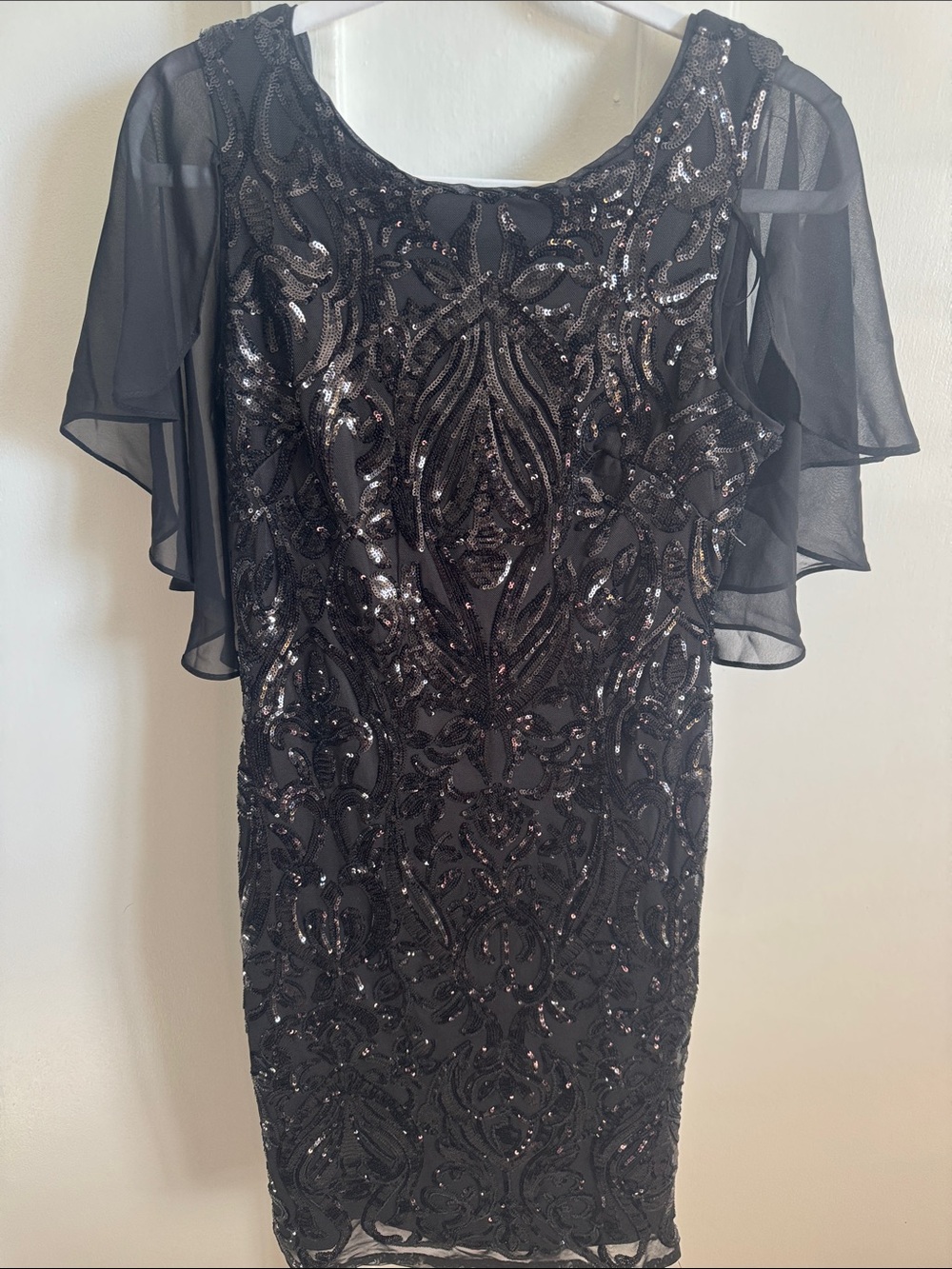 RM Richard’s Elegant Black Sequin Sheath Dress with Flutter Sleeves
